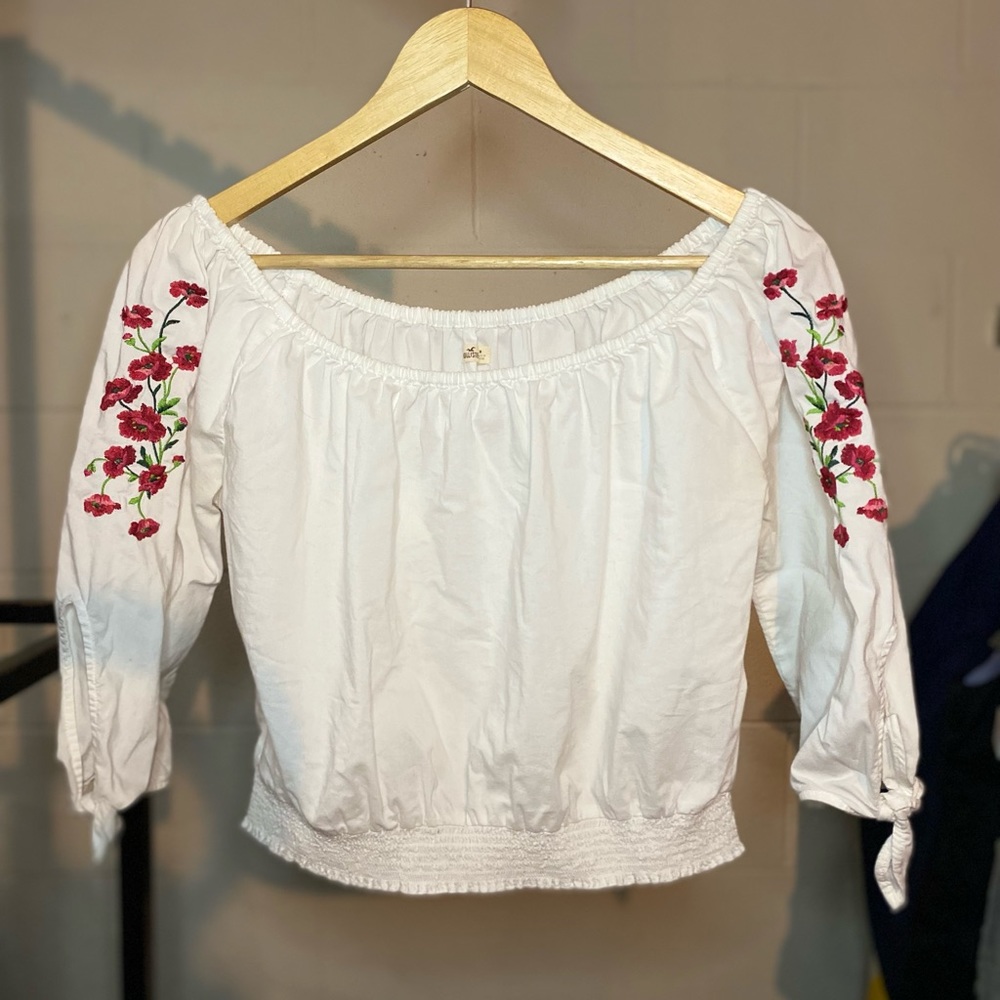 Hollister White Cropped Peasant Top